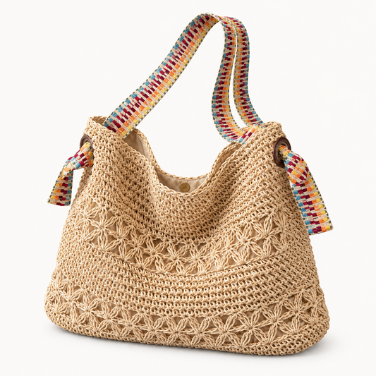 The Isla Woven Tote in Khaki / Multicolor Strap