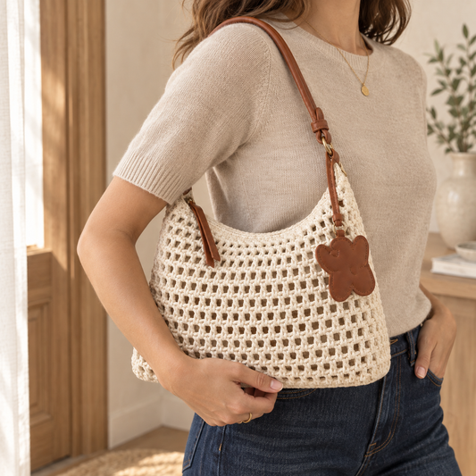 The Solana Woven Shoulder Bag — lifestyle view