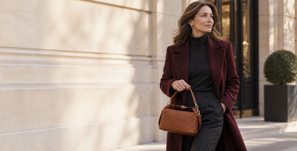 Tom Franklin woman carrying the cognac Marlow woven satchel in a city setting