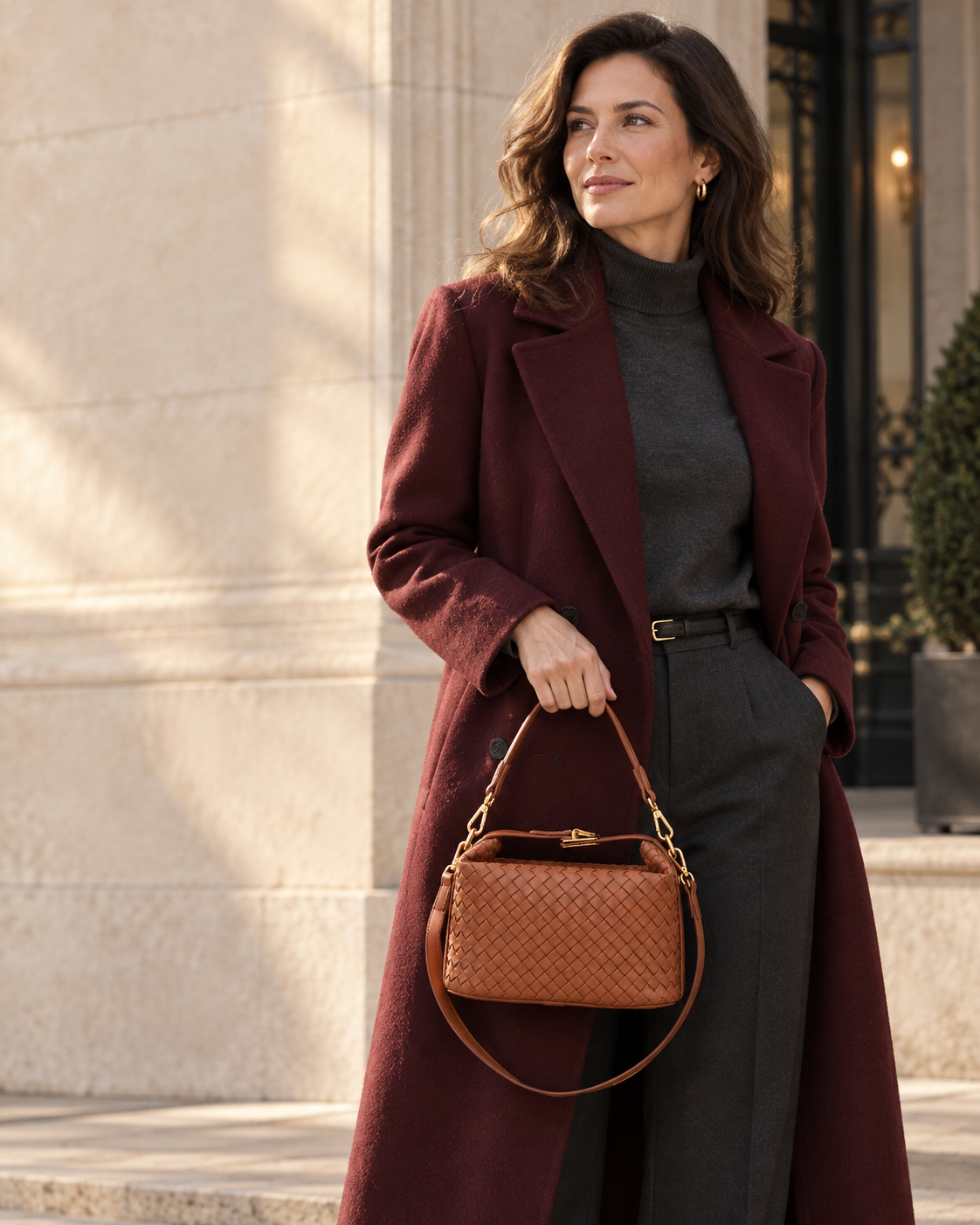 Tom Franklin woman carrying the cognac Marlow woven satchel, mobile crop